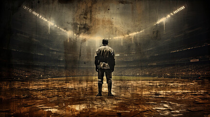 Vintage image of a baseball player in the field created with Generative AI technology - obrazy, fototapety, plakaty