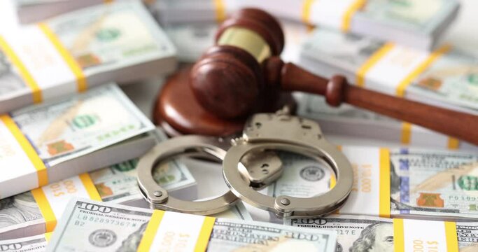 Judge gavel handcuffs and banknotes dollars. Economic crime and collateral fraud and corruption