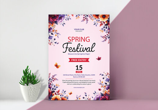 Spring Festival Poster Flyer Layout With Floral Illustrations