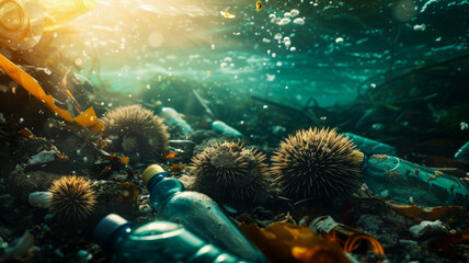 Sea urchins among plastic waste and bottles, ocean pollution and problems with the life of sea mollusks and the concept of World Wildlife Day - obrazy, fototapety, plakaty
