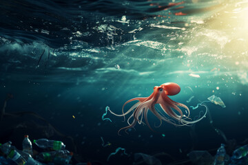 octopus swims among plastic bottles and garbage, problems with ecosystems and the life of marine mollusks, banner for World Wildlife Day with space for concept - obrazy, fototapety, plakaty