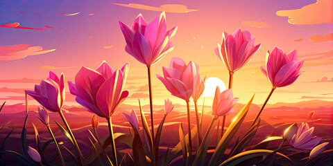 Vibrant Dreams: A Captivating Sunset Painting Blooming With Pink Floral Delight