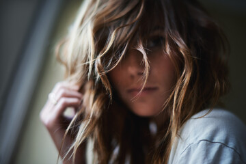 Portrait, beauty and hair with woman in home, closeup to relax on dark morning of weekend. Face,...