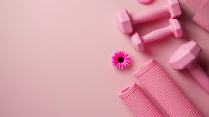Fitness equipment, monochrome pink objects arranged on soft pink background, including dumbbells, a yoga mat, complemented by a vibrant flower, copy space background, right side composition