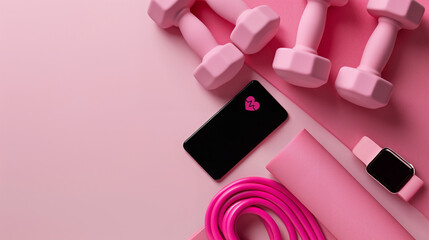 Pink fitness background with dumbbells, yoga mat, smartphone and smartwatch with fitness tracker, monochrome objects arranged in right corner, top view photo, banner or ad template, tools for workout