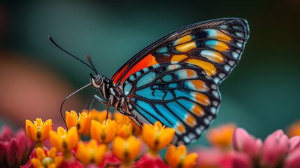 Fototapeta premium Colorful Butterfly Macro, Close-up of a vibrant butterfly resting on a flower, showcasing intricate details and colors