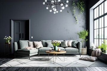 Modern interior design, in a spacious room, next to a table with flowers against a gray wall. Bright, spacious room with a comfortable sofa, plants and elegant accessories. generative ai.