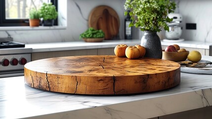 Round wooden board sits empty on a white stone kitchen