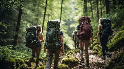 A group of friends is hiking through a lush forest trail - obrazy, fototapety, plakaty