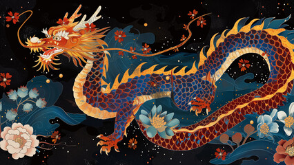 Fototapeta premium Golden Accents: A Whimsical Chinese Dragon