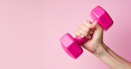 Closeup photo of woman's hand lifting a hot pink dumbbell in front of pink background, monochrome background with copy space, template for ad, banner