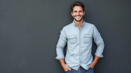 Obraz premium Confidence and business concept. Portrait of charming successful young entrepreneur in blue-collar shirt