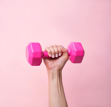 Closeup photo of woman's hand holding a pink dumbbell in front of pink background, monochrome pink studio photo
