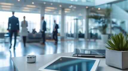 Devices on table with business people in background in modern office building