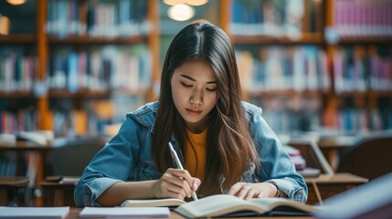 Female student taking notes from a book at library. Young asian woman sitting at table doing assignments in college library.