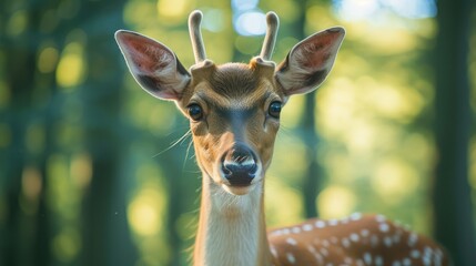 Funny deer in the forest. Close-up. Shallow depth of field.