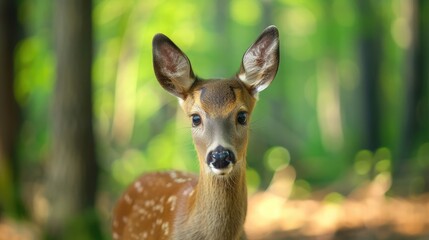 Fototapeta premium Funny deer in the forest. Close-up. Shallow depth of field.