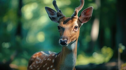 Funny deer in the forest. Close-up. Shallow depth of field.