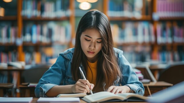 Female student taking notes from a book at library. Young asian woman sitting at table doing assignments in college library.