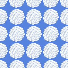 Seamless pattern of knotted ropes cords monkey fist knot ball. Nautical thread whipcord with loops and noose, braided, folded, spiral fiber. Illustration hand drawn graphic on blue background. 
