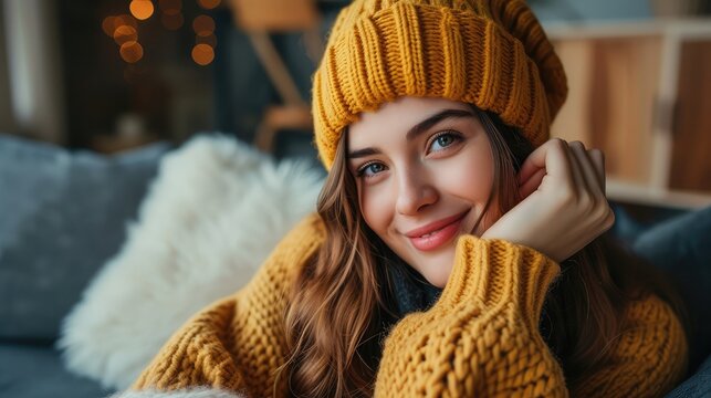 Happy young woman sitting on sofa at home and looking at camera. Portrait of comfortable woman in winter clothes relaxing on armchair. Portrait of beautiful girl smiling and relaxing during autumn