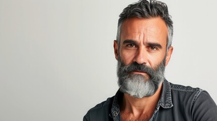 Head and shoulders portrait of a bearded middle-aged man looking thoughtfully at the camera over