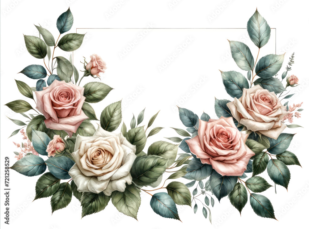 Wall mural watercolor  floral frames rose with green eucalyptus leaves clipart