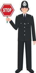 Standing British Policeman Officer with Warning Sign Stop in Traditional Uniform Character Icon in Flat Style. Vector Illustration