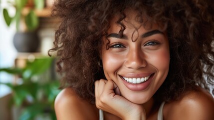 Indoor portrait of beautiful brunette young dark skinned woman with shaggy hairstyle smiling cheerfully