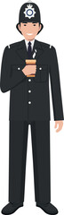 Standing British Policeman Officer with Cup of Coffee in Traditional Uniform Character Icon in Flat Style. Vector Illustration.