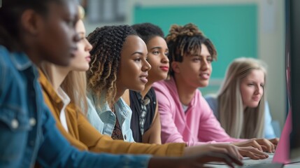 Obraz premium Lecturer Helps Scholar with Project, Advising on Their Work. Teacher Giving Lesson to Diverse Multiethnic Group of Female and Male Students in College Room
