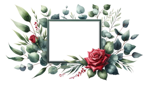 watercolor  floral frames a red rose with green eucalyptus leave on white