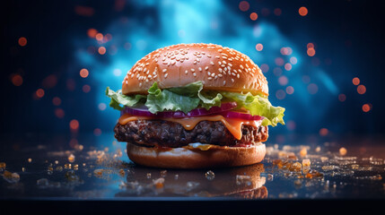 burger, beautiful sparkling lighting, blue mirror background