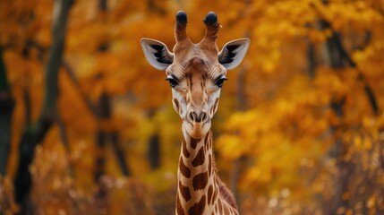 Naklejka na ściany i meble Portrait of a giraffe on a background of autumn forest.