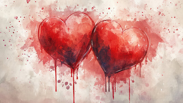 Red Love: A Broken Heart Illustration with Grunge Emotions and Romantic Paint blobs on a White Background