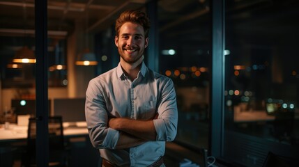 Portrait of a smiling young businessman standing alone in a dark office while working late