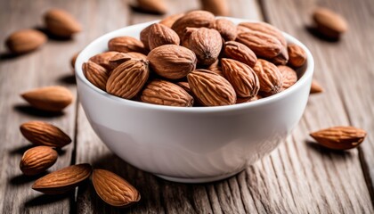 Bowl of almonds on a wooden table - obrazy, fototapety, plakaty