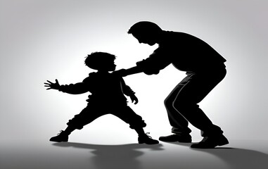 an adult man leading a child