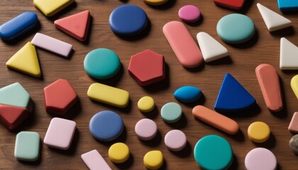A variety of colorful wooden shapes on a table