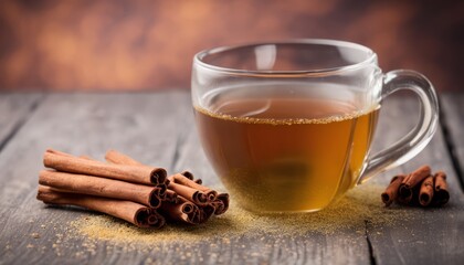 A glass of tea with cinnamon sticks on a wooden table