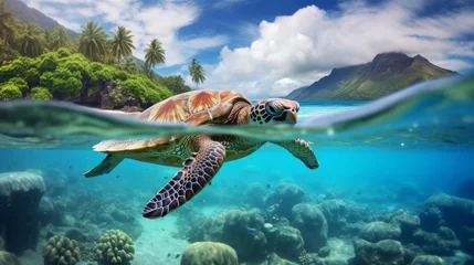 Fotobehang A Hawaiian green sea turtle swims on the surface of the Pacific Ocean in Hawaii. Marine life, wildlife concepts. © liliyabatyrova