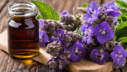 Obraz na płótnie Canvas A jar of lavender oil next to a bunch of lavender flowers