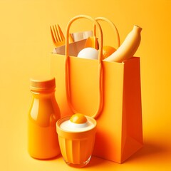 Obraz premium Shopping bag with food on orange background. 3d illustration. Made with generative AI