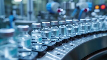 Obraz premium Medical Vials and Vaccines on Pharmaceutical Factory's Production Line. Laboratory machines intricately shape chemical glass bottles, symbolizing the pinnacle of medical ingenuity. Generative AI
