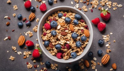 A bowl of granola with berries and nuts