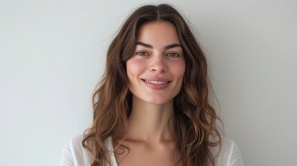 Portrait of authentic happy woman without makeup, smiling at camera, standing cute against white background.