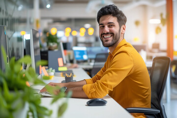 Confident Human Resources Agent Smiling Happily While Collaborating Online with Colleague. Portrait of younger man working at his computer in a modern office environment with shelves and plants in the