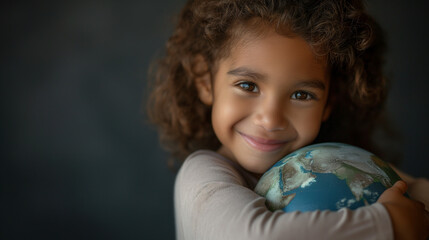 A black girl is holding a model of planet Earth, representing racial equality for a sustainable future for children. Climate change. AI Generative