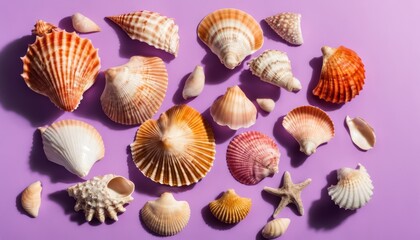 A variety of shells on a purple background