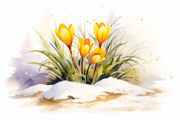 delicate yellow crocuses, close-up,make their way through the snow,symbolizing the beginning of spring and a new life,the concept of spring design and marketing,watercolor illustration